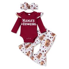 New! Western Ruffle Long Sleeve Bodysuit Flared Bottoms Bow Headband Size 6-12m This Trendy Little Baby's Western Outfit Is As Cute In Person As It Is Pictures! The Burgundy Long Sleeved Bodysuit Has Three Bottom Snaps, Ruffles On The Shoulders And The Words, “Mama’s Cowgirl” On The Front. Soft And Precious As Can Be Are The Adorable Flair Bottoms With The Highland Cow Mama And Her Baby. The Elastic Waist Make This Outfit Easy And Convenient For Dressing Baby. The Matching Headband Bow Is Just I Red Fitted Bodysuit For Playtime, Red Fitted Bodysuit For Casual Wear, Cute Red Sets With Letter Print, Red Long Sleeve Onesie For Playwear, Red Long Sleeve Onesie For Play, Red Cotton Bodysuit For Spring, Spring Red Cotton Bodysuit, Cute Fitted Red Bodysuit, Cute Red Fitted Bodysuit