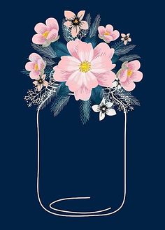 flowers in a mason jar on a dark blue background with white outline and text that reads,