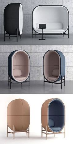 three different types of modern furniture in various colors and sizes, including one with a round shaped