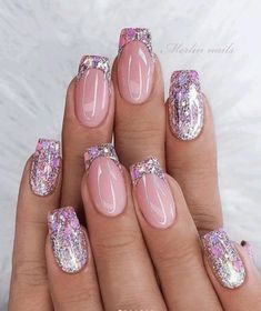 Summer Holiday Nails, Glitter French Nails, Purple Glitter Nails, Nails With Glitter, Holiday Nail Designs, Silver Nail, Fancy Nails Designs