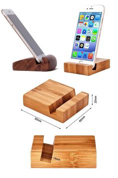 the wooden docking dock is attached to an iphone and has two different types of cell phones in it