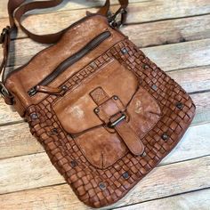 New Without Tags Cross Body Strap Inside And Outside Pockets Woven Leather 10.5” X 12” 8473 Woven Crafts, Leather Carving, Inside And Outside, Leather Weaving, Leather Projects, Carving Tools, Leather Work, Leather Bags, Dressing Room