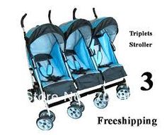 three baby strollers are shown with wheels for each one, and the third is blue