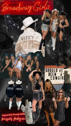 a collage of photos with different women in hats and dresses, including one woman wearing boots