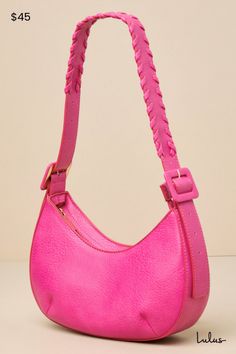 The Bold Favorite Hot Pink Shoulder Bag is the perfect way to effortlessly add a pop of color to any of your favorite looks this season! Textured faux leather shapes this too-cute bag that features a crescent silhouette with a flat bottom design and a wide adjustable shoulder strap accented with whipstitching and oversized buckles at the sides. The zippered top opens to reveal a lined interior with a sidewall zipper pocket and so much room for all your favorite essentials. Lined. Bag Measure 11. Trendy Spring Hobo Bag, Trendy Pink Baguette Bag With Zipper Closure, Trendy Faux Leather Hobo Bag, Trendy Pink Hobo Bag With Detachable Strap, Trendy Faux Leather Baguette Shoulder Bag, Trendy Faux Leather Shoulder Baguette Bag, Trendy Faux Leather Hobo Bag With Detachable Strap, Trendy Spring Leather Hobo Bag, Trendy Leather Hobo Bag For Spring