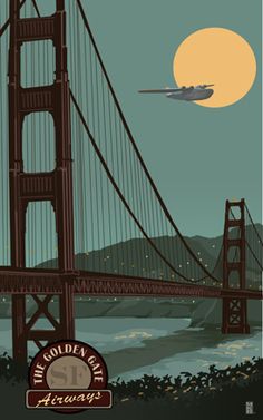 the golden gate bridge is lit up at night with an airplane flying over it and a full moon in the background