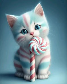 a white kitten with blue eyes holding a candy cane in front of its face and looking at the camera