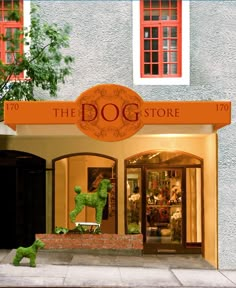 the dog store is decorated in orange and green