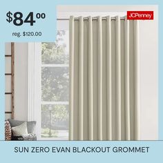 an advertisement for the sun zero evn blackout grommet window curtain in beige