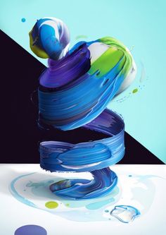 an abstract painting with blue, purple and green colors on the bottom half of it