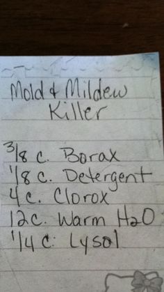 a piece of paper with writing on it that says mold and middelw killer