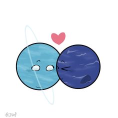 an image of two planets facing each other with hearts in the sky and one has eyes wide open