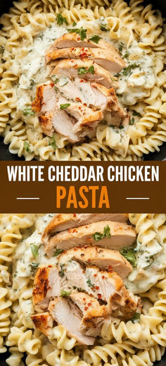 white cheddar chicken pasta in a skillet