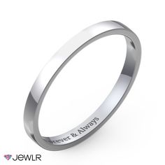 Classic and elegant, this women's flat wedding band has a traditional look that is effortless and comfortable to wear. Available in 2mm to 4mm widths, this ring features your choice of finishes and engraving – perfect for her big day. Choose from polish, brush, and sand finishes for a custom look, and complete your ring with a meaningful engraving for a personal touch. Handcrafted in sterling silver, white or yellow gold, create a matching wedding set with our Men's Classic Flat Wedding Band. Elegant Wedding Bands With Smooth Bezel, Wedding Band With Smooth Bezel, Minimalist Wedding Bands With Smooth Finish, Modern Stackable Rings With Smooth Bezel For Weddings, Minimalist Wedding Jewelry With Smooth Finish, Minimalist Smooth Finish Wedding Jewelry, Wedding Band With Smooth Finish, Wedding Ring With Smooth Finish And Round Band, Minimalist Anniversary Bands With Smooth Finish