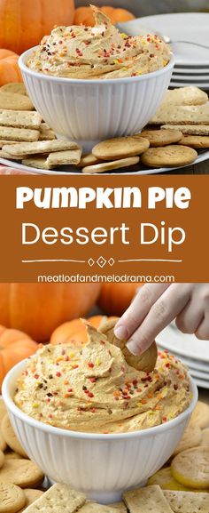 pumpkin pie dessert dip in a white bowl with crackers on the side and an orange pumpkin behind it