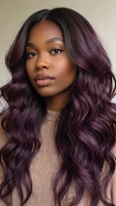 Reasons to Love Espresso Sleek Ponytail This Fall 🍁 Red Purple Hair Black Women, Plum Hair Color On Black Women, Purple Hair On Dark Skin, Purple Hair Styles, Pj Photoshoot, Dark Violet Hair, Deep Plum Hair, Deep Purple Hair, Loc Colors