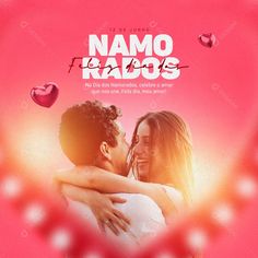 a couple hugging each other in front of a pink background with the words namo rarog on it