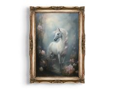 an oil painting of a white unicorn in a forest with pink flowers on the ground