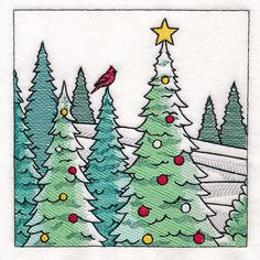 a christmas card with trees and a bird on top, in the middle of it