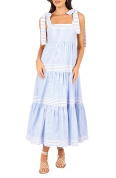 Petal & Pup Bella Stripe Cotton Maxi Dress | Nordstrom Striped Sleeveless Maxi Dress With Ruffles, Sleeveless Striped Maxi Dress With Ruffles, Striped Cotton Maxi Sundress, Striped Cotton Maxi Dress, Striped Cotton Maxi Dress For Vacation, Spring Maxi Dress With Bow, Chic Striped Cotton Maxi Dress, Striped Cotton Maxi Dress For Spring, Sleeveless Vertical Stripes Maxi Dress