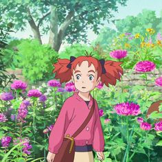 an anime character standing in front of flowers