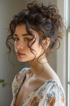 Soft Curly Updo Wedding, Hair Styles For Bun, Curly Hair Bun For Wedding, Fairy Bun Hairstyles, Cute Bangs For Curly Hair, Wedding Hair Bangs Updo, Space Buns Wedding Hair, Hair Up Do Ideas, Styling Short Hair For Wedding