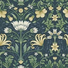 an ornate wallpaper pattern with flowers and leaves on blue, yellow and green colors