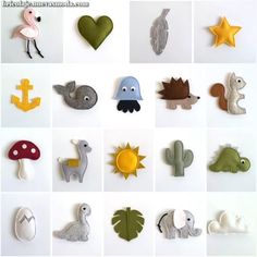 many different types of felt animals are shown in multiple squares, each with an individual's own design