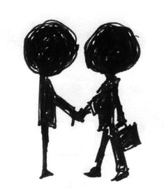 two people shaking hands with each other in front of a white background and black ink