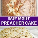 an easy moist preacher cake is shown with the words, easy moister cake on it