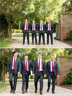 the men are wearing suits and ties in different poses for this wedding party photo shoot