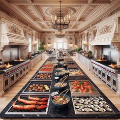 a large buffet with many different types of food on the counter and in front of it is a chandelier