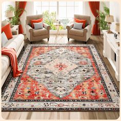 a living room filled with furniture and a large rug on top of a hard wood floor