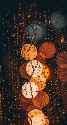 raindrops on the window with lights reflecting in it