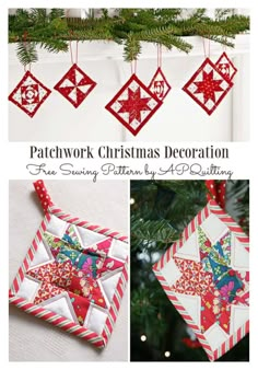 a christmas ornament hanging from a tree with the words patchwork christmas decoration