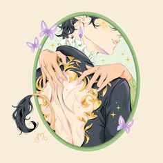 two people are hugging each other in a circular frame with butterflies around them and one person is holding the woman's shoulder