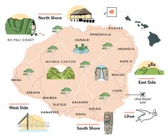 a map of the state of hawaii with all its major cities and attractions in it