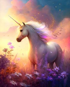 a unicorn standing in the middle of a field with daisies and butterflies around it