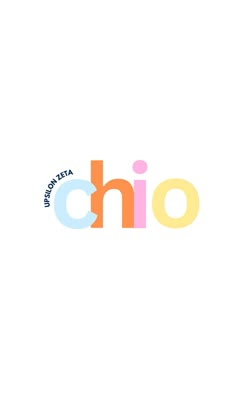 the word chio written in multicolored letters on a white background with an orange and