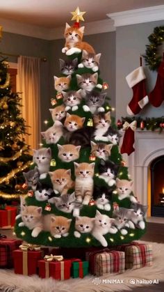 there is a christmas tree with many cats on it