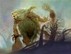 a painting of a creature with trees in the background