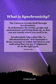 a person standing on top of a hill under a purple sky with the words, what is synchronicity?