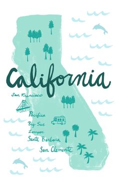 the california state map with palm trees and other places to see it in blue ink