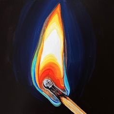 a painting of a match being lit by an orange and blue flame on a black background