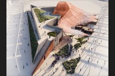 an aerial view of a building with people walking around it and trees growing on the roof