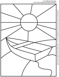 a coloring page with an image of a boat in the ocean and sun above it