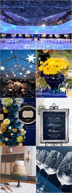 a collage of different pictures with flowers and stars on them in blue, white and gold colors