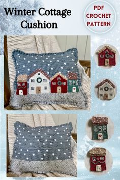 the pattern is for a pillow with houses on it and snowing in the background