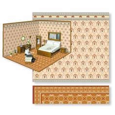 an image of a bedroom with carpet and wallpapers in the style of art deco