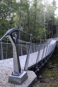 a bridge in the middle of a forest with metal railings and poles on both sides